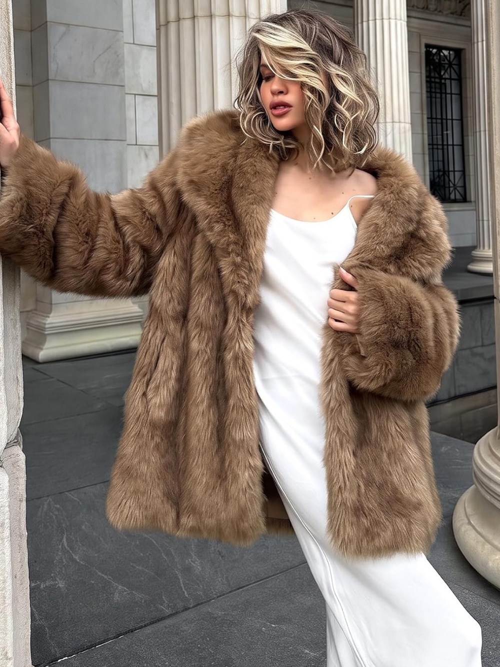 Luxury Brown Faux Fur Coat - Women's Jacket oversized